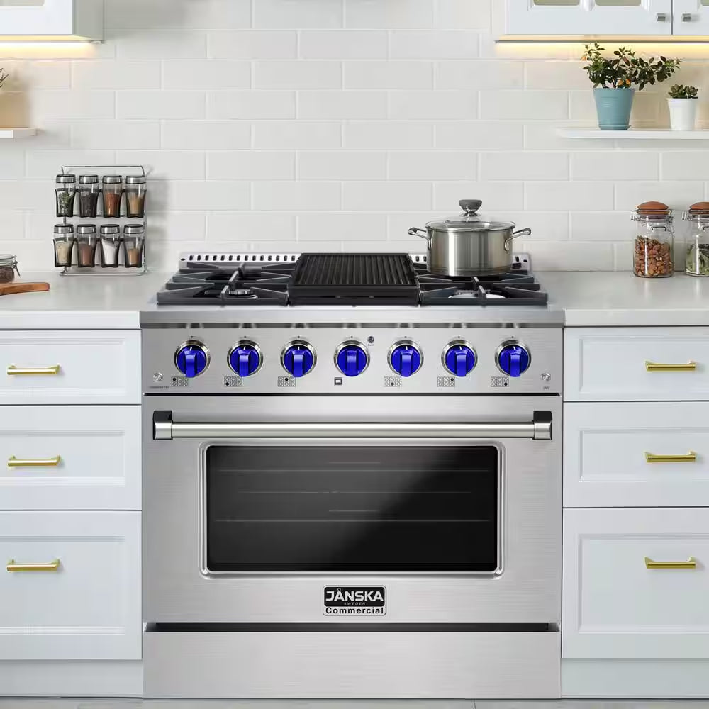 36 In. 5.2 Cu. Ft. Freestanding Dual Fuel Range with 6 Burners, Convection Oven, and Griddle in Stainless Steel