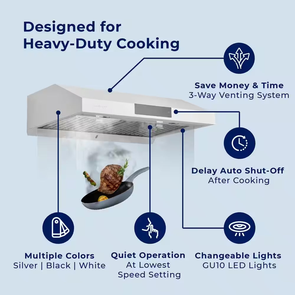 30 In. Ducted under Cabinet Range Hood with 3-Way Venting Changeable LED Powerful Suction in Stainless Steel