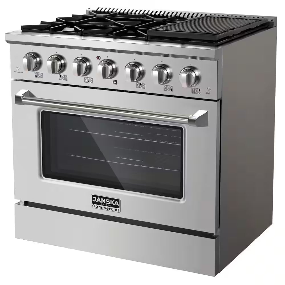 36 In. 5.2 Cu. Ft. Freestanding Dual Fuel Range with 6 Burners, Convection Oven, and Griddle in Stainless Steel