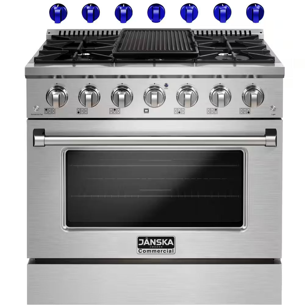36 In. 5.2 Cu. Ft. Freestanding Dual Fuel Range with 6 Burners, Convection Oven, and Griddle in Stainless Steel