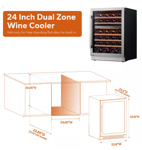 Ca'Lefort 24 in. Dual Zone 46-Bottles Built-In Wine Cooler Refrigerator in Stainless Steel Frost-Free Touch Panel