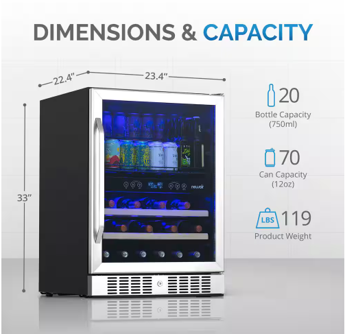 NewAir Premium 24 in. Dual Zone 20 Wine Bottles and 70 Cans Beverage and Wine Cooler w/ Customizable Shelves in Stainless Steel