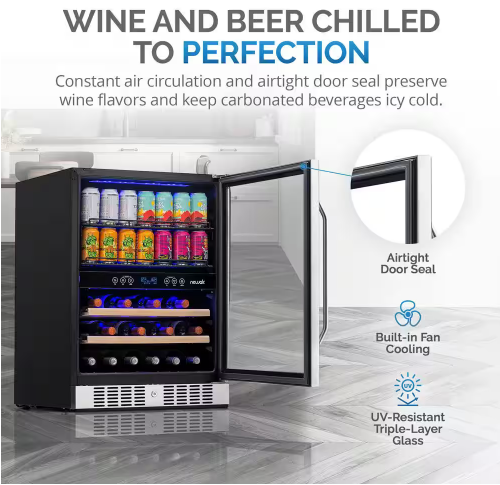 NewAir Premium 24 in. Dual Zone 20 Wine Bottles and 70 Cans Beverage and Wine Cooler w/ Customizable Shelves in Stainless Steel