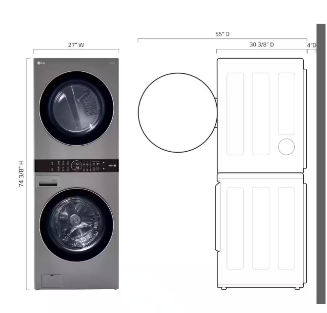 LG WashTower Stacked SMART Laundry Center 4.5 Cu.Ft. Front Load Washer & 7.4 Cu.Ft. Electric Dryer in Graphite Steel