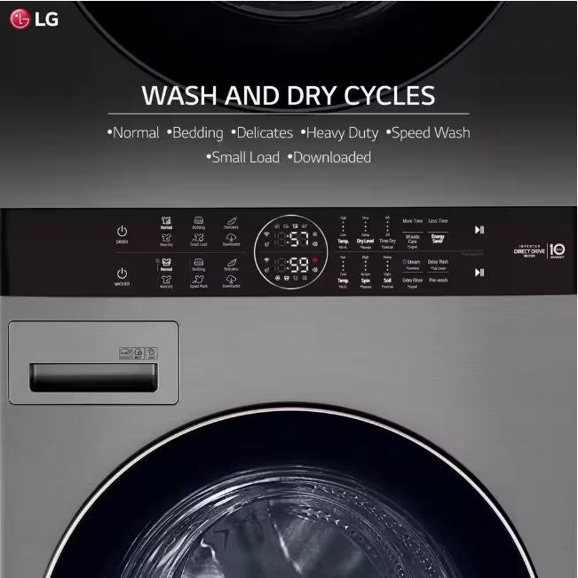 LG WashTower Stacked SMART Laundry Center 4.5 Cu.Ft. Front Load Washer & 7.4 Cu.Ft. Electric Dryer in Graphite Steel