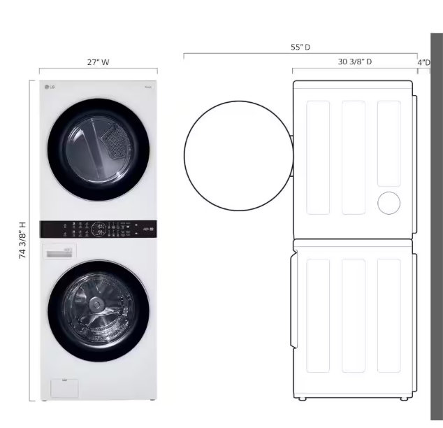LG WashTower Stacked SMART Laundry Center 4.5 Cu.Ft. Front Load Washer & 7.4 Cu.Ft. Electric Dryer in White