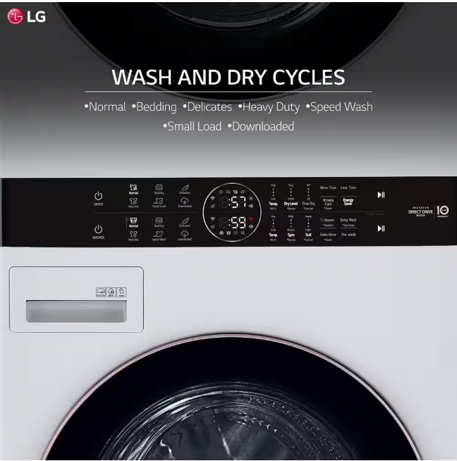 LG WashTower Stacked SMART Laundry Center 4.5 Cu.Ft. Front Load Washer & 7.4 Cu.Ft. Electric Dryer in White