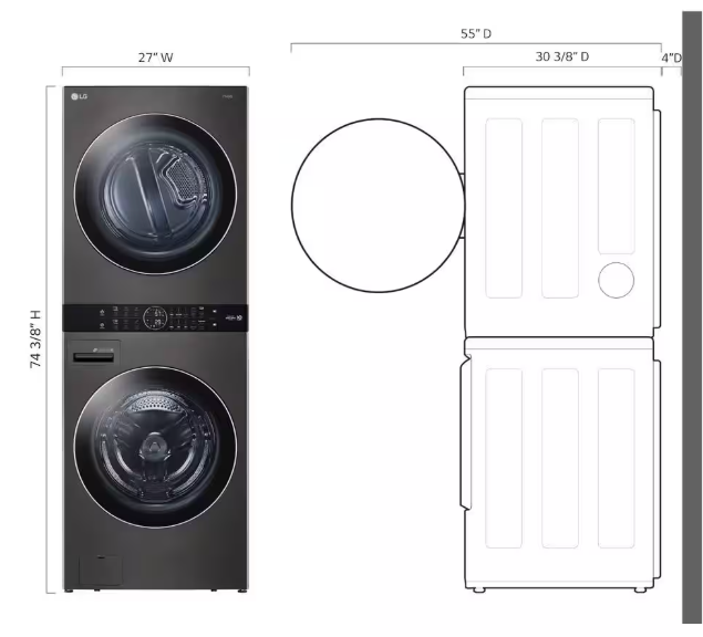 LG WashTower Stacked SMART Laundry Center 4.5 Cu.Ft. Front Load Washer & 7.4 Cu.Ft. Electric Dryer in Black Steel w/ Steam