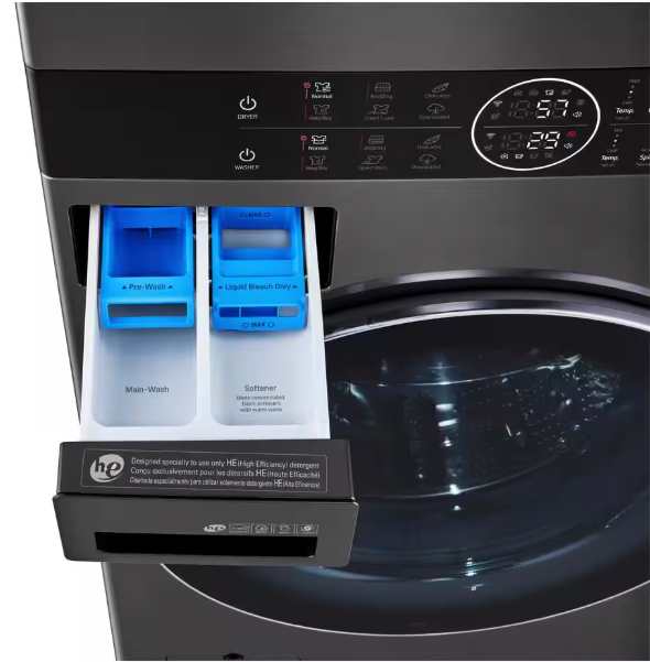 LG WashTower Stacked SMART Laundry Center 4.5 Cu.Ft. Front Load Washer & 7.4 Cu.Ft. Electric Dryer in Black Steel w/ Steam