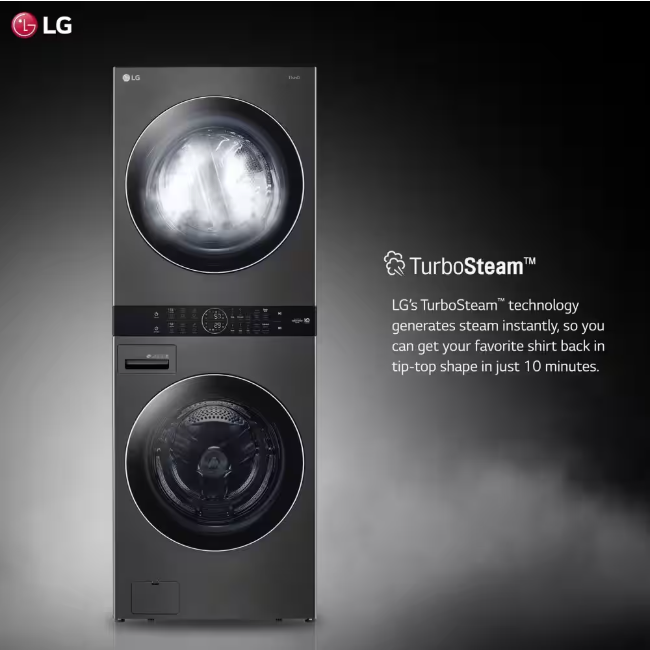 LG WashTower Stacked SMART Laundry Center 4.5 Cu.Ft. Front Load Washer & 7.4 Cu.Ft. Electric Dryer in Black Steel w/ Steam