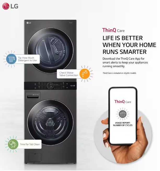 LG WashTower Stacked SMART Laundry Center 4.5 Cu.Ft. Front Load Washer & 7.4 Cu.Ft. Electric Dryer in Black Steel w/ Steam