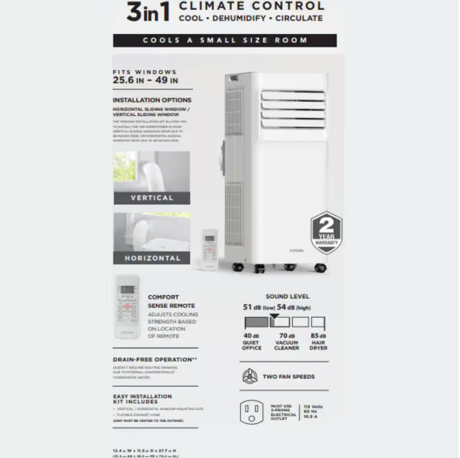 Vissani 5,000 BTU 115-Volt 3-in-1 Portable Air Conditioner Unit Cools up to 150 sq. ft. with Dehumidifier and Remote in White