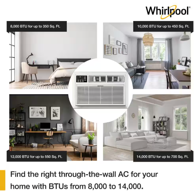 Whirlpool 8,000 BTU 115-Volt Through-the-Wall Air Conditioner Cools 350 Sq. Ft. with Remote Control and ENERGY STAR in White