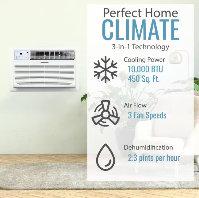 Keystone 10,000 BTU 230V Through-The-Wall AC Remote Dehumidifier Sleep Mode 24H Timer for Rooms up to 450 sq. ft.