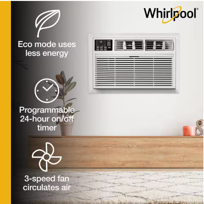 Whirlpool 10,000 BTU 115-Volt Through-the-Wall Air Conditioner Cools 450 Sq. Ft. with Dehumidifier and remote in White