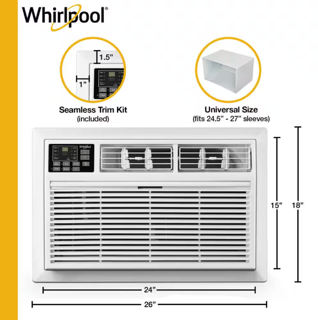 Whirlpool 10,000 BTU 115-Volt Through-the-Wall Air Conditioner Cools 450 Sq. Ft. with Dehumidifier and remote in White