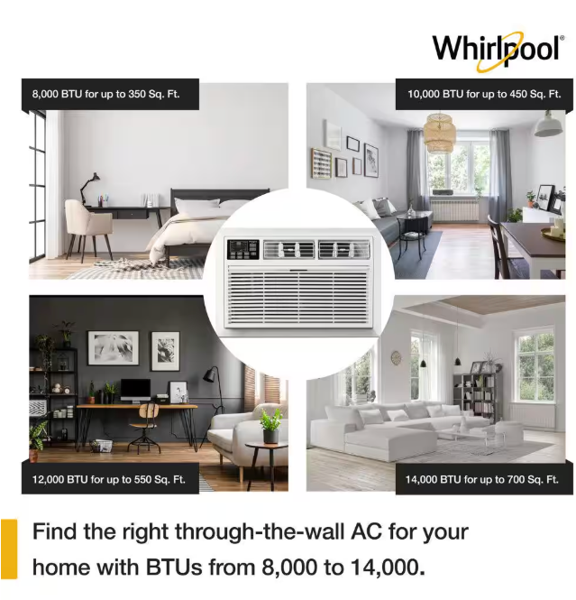 Whirlpool 10,000 BTU 115-Volt Through-the-Wall Air Conditioner Cools 450 Sq. Ft. with Dehumidifier and remote in White