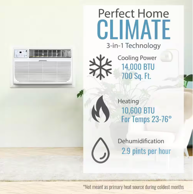 Keystone 14,000 BTU 230V Through-The-Wall AC 10,600 BTU Supplemental Heat Remote Sleep Mode 24H Timer for Rooms up to 700 Sq. Ft