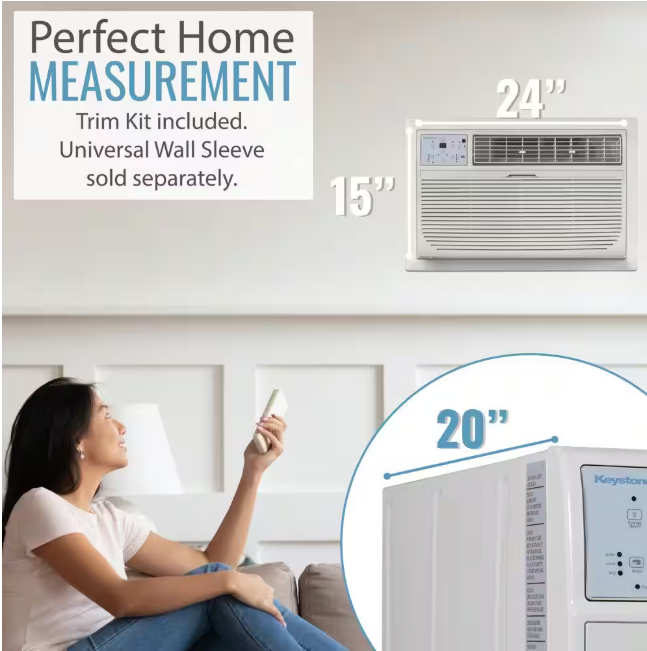 Keystone 14,000 BTU 230V Through-The-Wall AC 10,600 BTU Supplemental Heat Remote Sleep Mode 24H Timer for Rooms up to 700 Sq. Ft