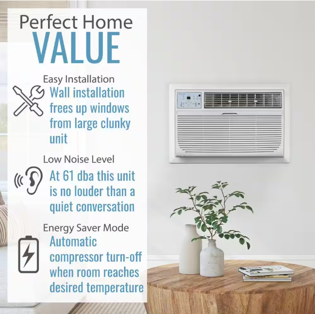 Keystone 14,000 BTU 230V Through-The-Wall AC 10,600 BTU Supplemental Heat Remote Sleep Mode 24H Timer for Rooms up to 700 Sq. Ft