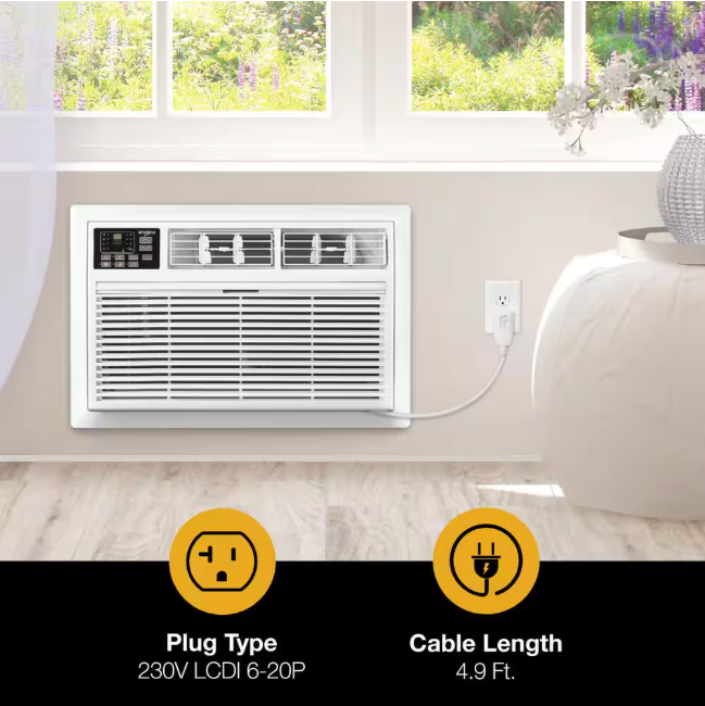 Whirlpool 12,000 BTU (DOE) 230-Volt Through-The-Wall Air Conditioner Cools 550 sq. ft. with Heater with Remote in White