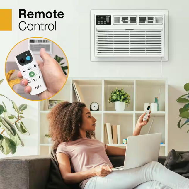 Whirlpool 12,000 BTU (DOE) 230-Volt Through-The-Wall Air Conditioner Cools 550 sq. ft. with Heater with Remote in White