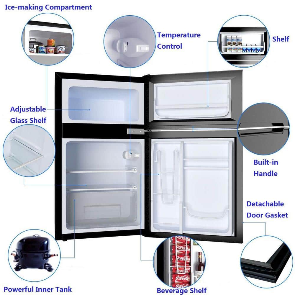 3.2 Cu. Ft. Retro Mini Fridges in Black with Freezer & Reversible Door