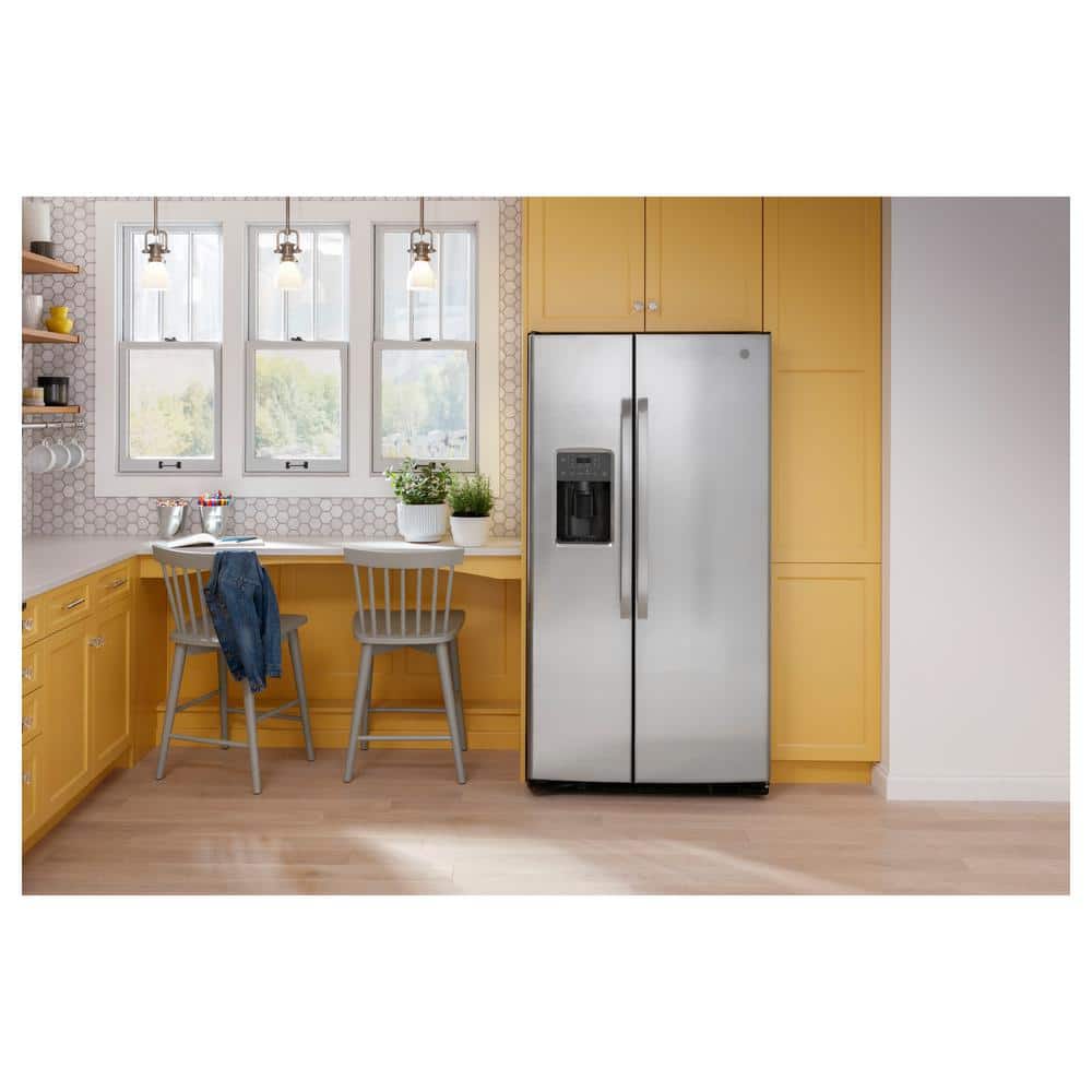 GE Appliances 25.3 Cu. Ft. Side by Side Refrirator in Finrprint Resistant Stainless Steel, Standard Depth