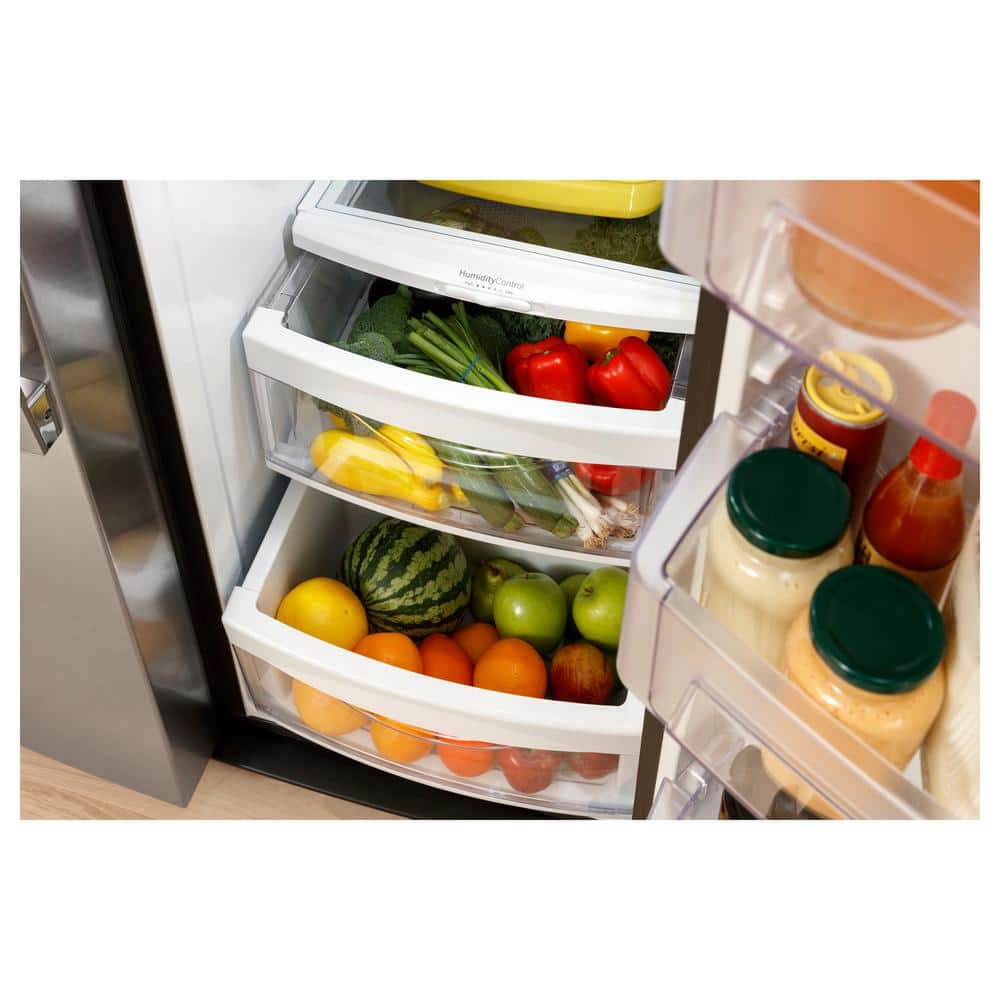 GE Appliances 25.3 Cu. Ft. Side by Side Refrirator in Finrprint Resistant Stainless Steel, Standard Depth