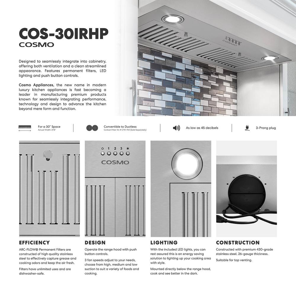 30 In. Lumin Collection 380 CFM Ducted Insert Range Hood, Button Controls, LED Lights, Stainless Steel