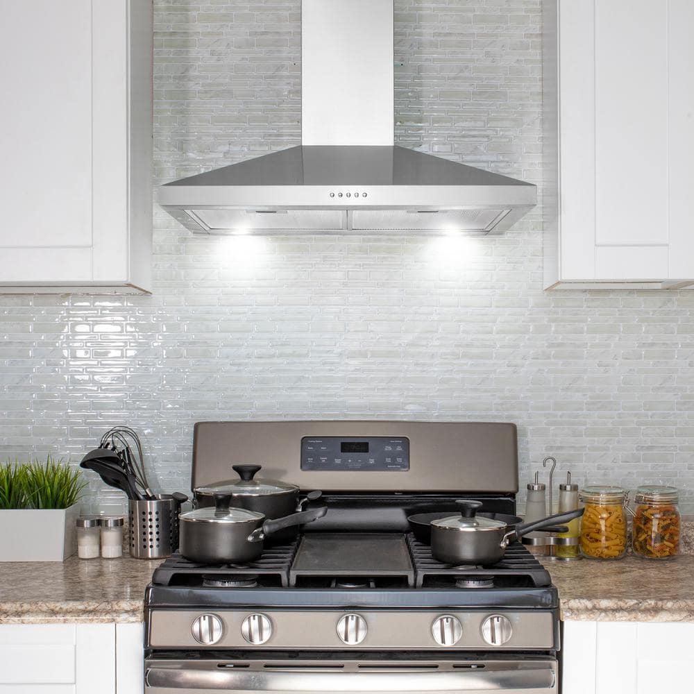 30 In. 217 CFM Convertible Kitchen Wall Mount Range Hood in Stainless Steel with Push Control, Leds and Carbon Filters