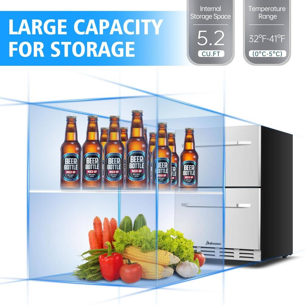 5.1 Cu.Ft 24 In. Built-In Undercounter Double Drawer Refrigerator in Stainless Steel
