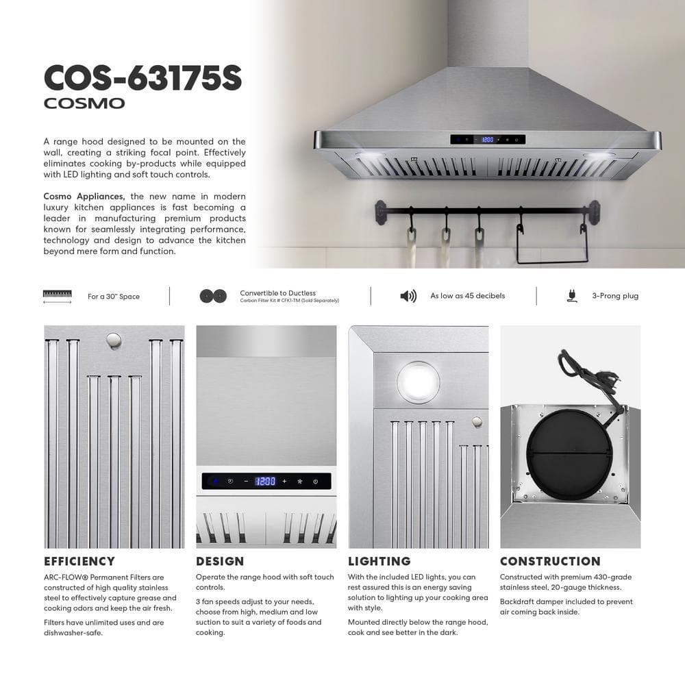 30 In. Vista Collection 380 CFM Ducted Wall Mount Range Hood, Touch Controls, LED Lights, Stainless Steel