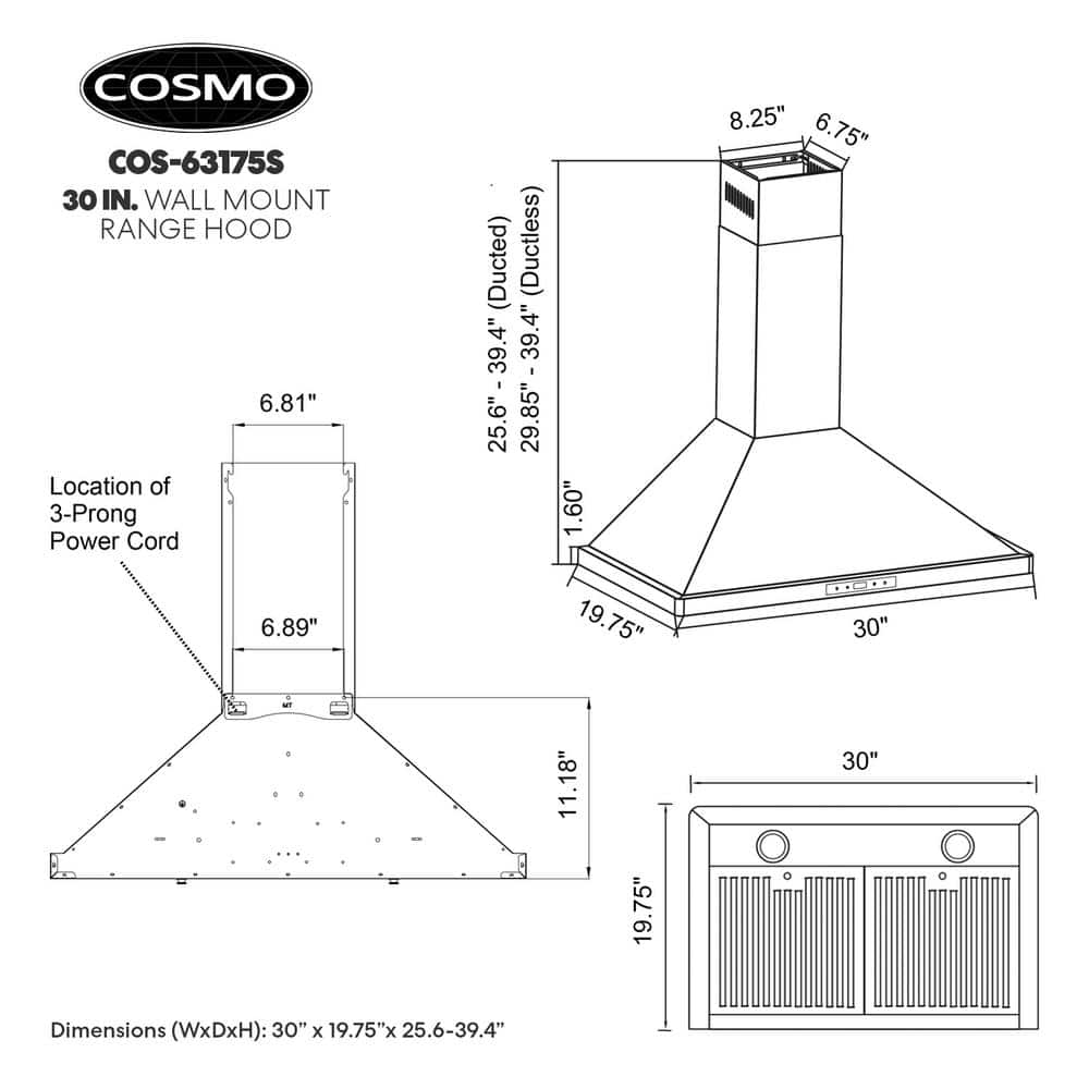 30 In. Vista Collection 380 CFM Ducted Wall Mount Range Hood, Touch Controls, LED Lights, Stainless Steel