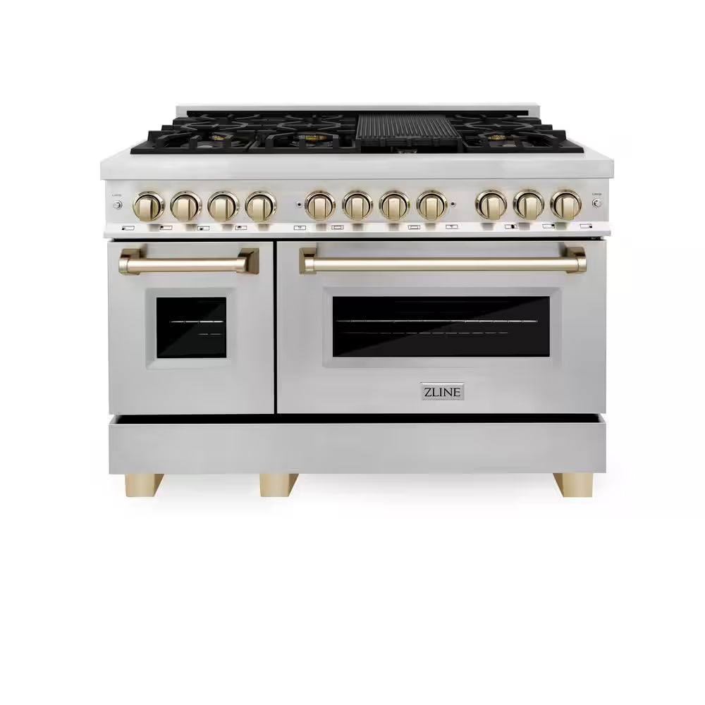 Autograph Edition 48 In. 7 Burner Double Oven Dual Fuel Range in Stainless Steel and Polished Gold