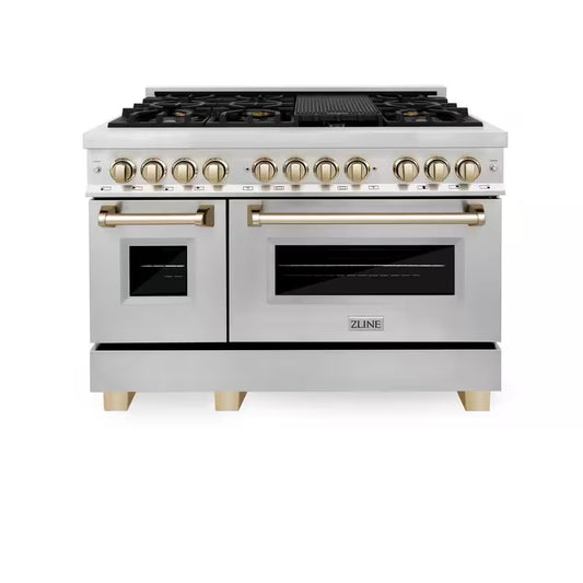 Autograph Edition 48 In. 7 Burner Double Oven Dual Fuel Range in Stainless Steel and Polished Gold