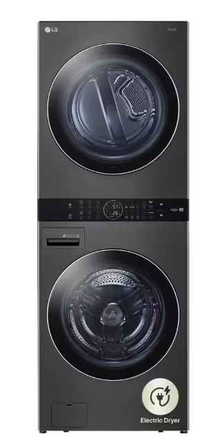 LG WashTower Stacked SMART Laundry Center 4.5 Cu.Ft. Front Load Washer & 7.4 Cu.Ft. Electric Dryer in Black Steel w/ Steam
