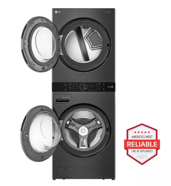 LG WashTower Stacked SMART Laundry Center 4.5 Cu.Ft. Front Load Washer & 7.4 Cu.Ft. Electric Dryer in Black Steel w/ Steam