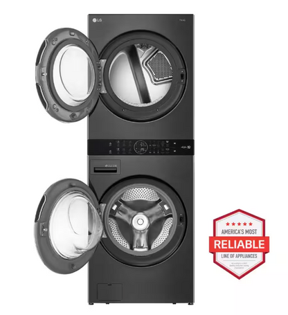 LG WashTower Stacked SMART Laundry Center 4.5 Cu.Ft. Front Load Washer & 7.4 Cu.Ft. Electric Dryer in Black Steel w/ Steam