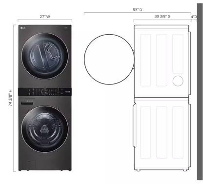 LG WashTower Stacked SMART Laundry Center 4.5 Cu.Ft. Front Load Washer & 7.4 Cu.Ft. Electric Dryer in Black Steel w/ Steam