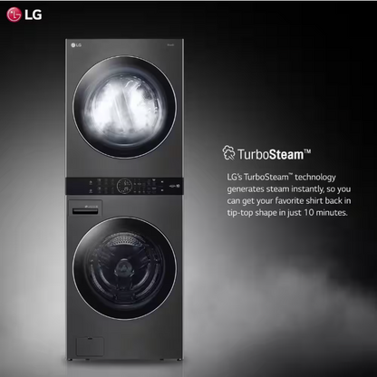 LG WashTower Stacked SMART Laundry Center 4.5 Cu.Ft. Front Load Washer & 7.4 Cu.Ft. Electric Dryer in Black Steel w/ Steam