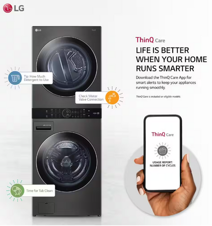 LG WashTower Stacked SMART Laundry Center 4.5 Cu.Ft. Front Load Washer & 7.4 Cu.Ft. Electric Dryer in Black Steel w/ Steam