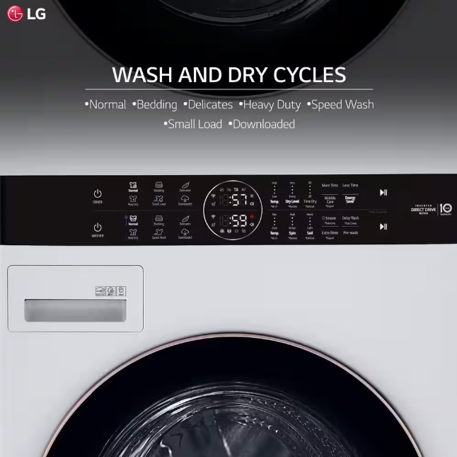 LG WashTower Stacked SMART Laundry Center 4.5 Cu.Ft. Front Load Washer & 7.4 Cu.Ft. Gas Dryer in White