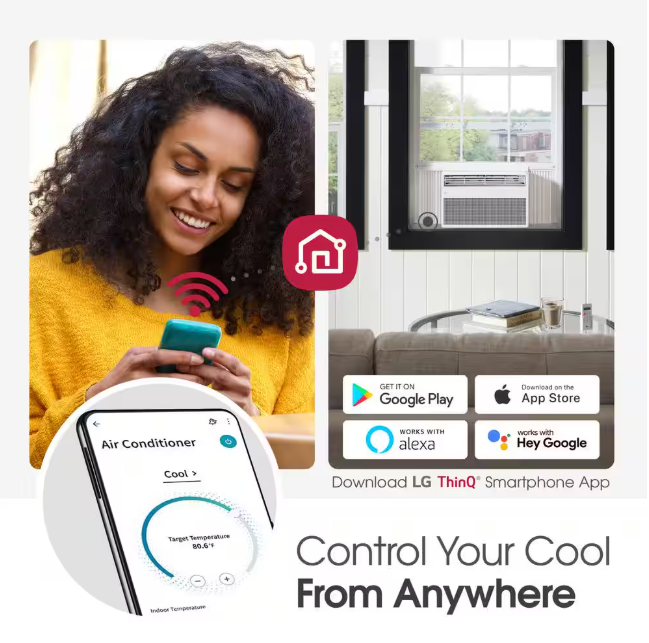 LG 8,000 BTU, 115 Volts, Window Smart Air Conditioner Cools 350 sq. ft. with Remote, WiFi Enabled and Dehumidifier in White