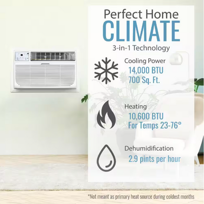 Keystone 14,000 BTU 230V Through-The-Wall AC 10,600 BTU Supplemental Heat Remote Sleep Mode 24H Timer for Rooms up to 700 Sq. Ft