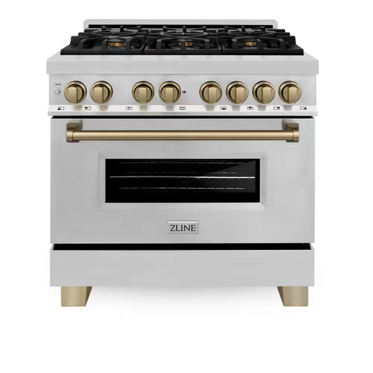 Autograph Edition 36 In. 6 Burner Dual Fuel Range in Stainless Steel and Champagne Bronze