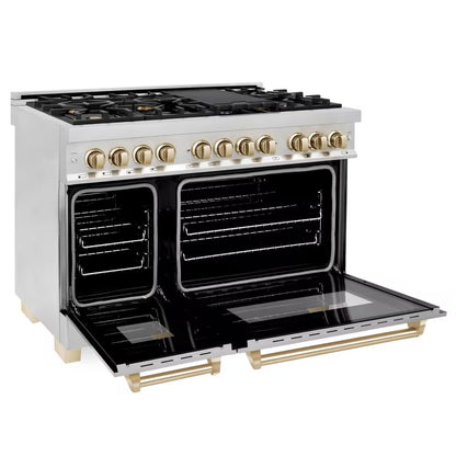 Autograph Edition 48 In. 7 Burner Double Oven Dual Fuel Range in Stainless Steel and Polished Gold