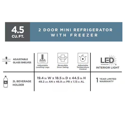 4.5 Cu. Ft. 2-Door Mini Refrigerator in Platinum Steel with Freezer