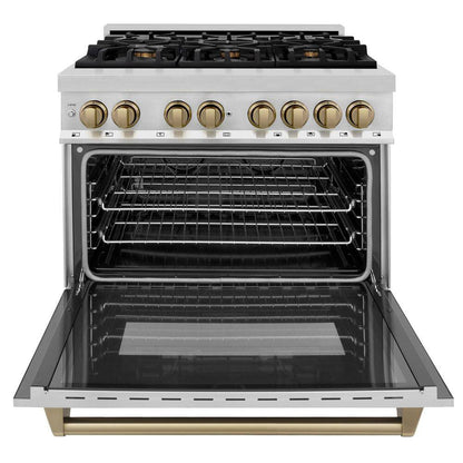 Autograph Edition 36 In. 6 Burner Dual Fuel Range in Stainless Steel and Champagne Bronze