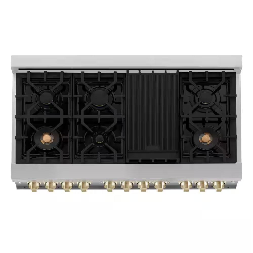 Autograph Edition 48 In. 7 Burner Double Oven Dual Fuel Range in Stainless Steel and Polished Gold